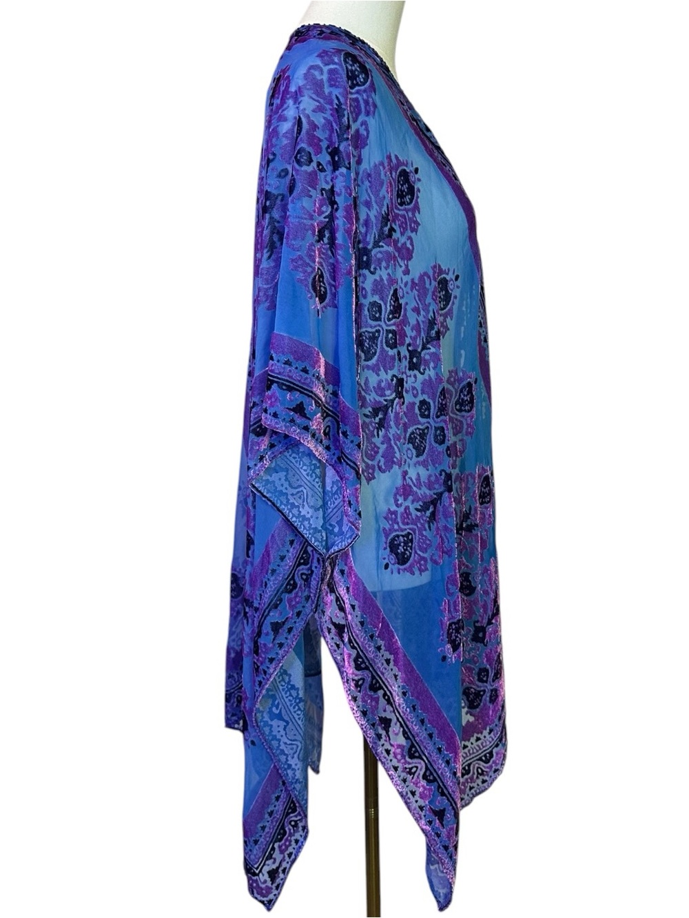 Free People Witchy Bohemian Muse Burn Out Velvet Devore Kimono Purple Blue OS - Picture 7 of 10